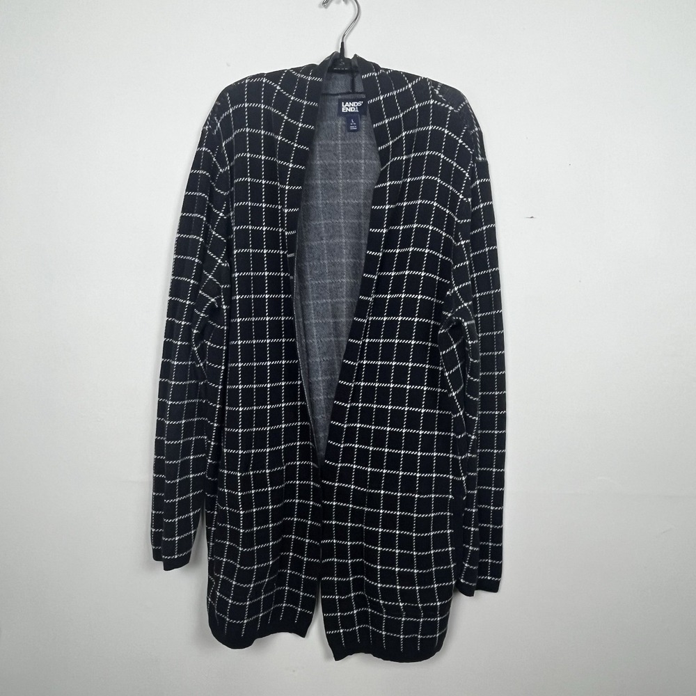 Lands' End Cardigan Sweater L Black White Grid Corporate Chic Dark Academia